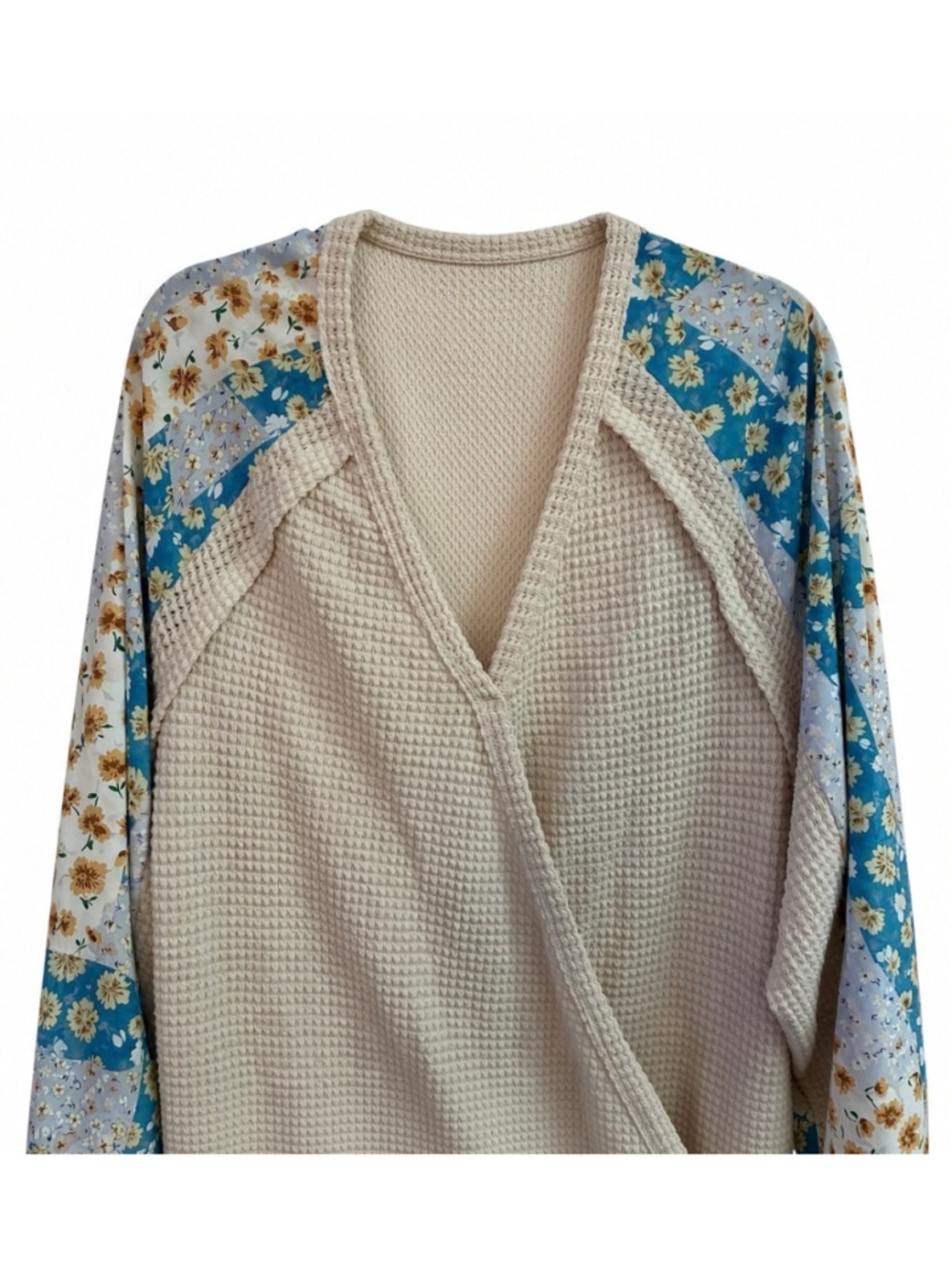 Floral Patchwork Waffle Knit Wrap Tie V-Neck Blouse Top Size X-Large XL 2X - Picture 4 of 14
